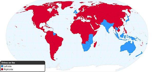 8. Dünya üzerinde trafiğin akış yönüne göre ülkeler. Kırmızılar sağ, maviler sol.