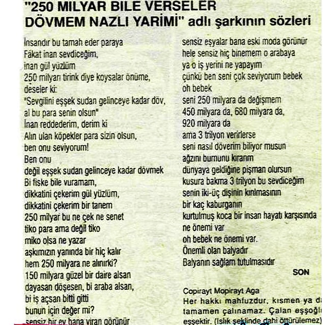 8. 250 Milyar Bile Verseler Dövmem Nazlı Yarimi