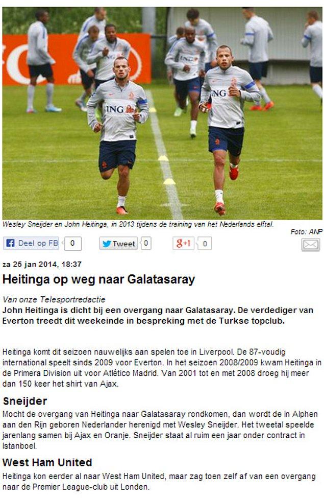 Hollanda'nın spor sitelerinden Voetbal International ise G.Saray'ın Heitinga ile 1.5 yıllık sözleşme imzaladığını duyurdu.