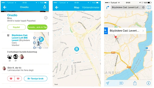 iPhone'da adres bulmanın en kolay yolu Foursquare'dir. Gireceğiniz yerin adını yazacaksınız, çıkan sonuçtan haritaya basacaksınız, daha sonra foursquare içinde açılan haritada sağ üstteki "Yönlendirmeler"e basacaksınız. Böylece Apple Maps direk olarak açılıp sizi gideceğiniz yere götürüyor! Çok kolay!