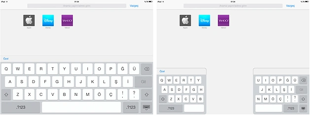 Bu da iPad bonusu: iPad'de klavye sol taraftaki gibiyken baş parmaklarınızla tutup yanlara ayırısanız sağdaki gibi olur ve iki elle daha rahat şekilde yazabilirsiniz