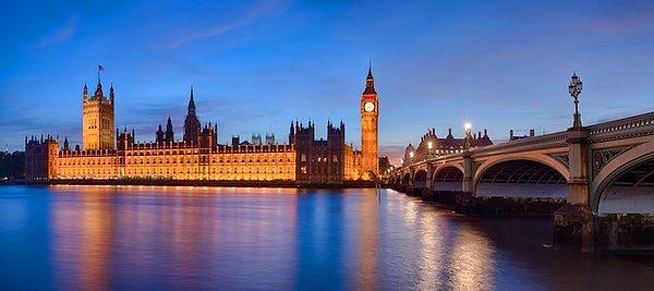 4. Londra parlementosu, Big Ben, Westminster Köprüsü ve Thames Nehri'nin panoramik fotoğrafı.
