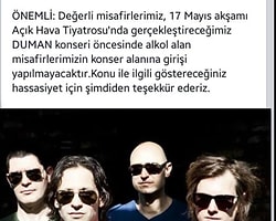 Duman Grubu Konserine İçkili Seyirci Almıyor