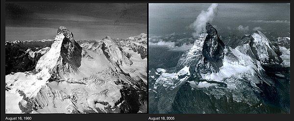 14. Matterhorn, İtalya ve İsviçre arasındaki sınırda, Alpler'de bulunan Avrupa'nın en yüksek zirvelerinden biridir. Buzulların erimesinin sonucu olarak zirve sürekli olarak küçülüyor.
