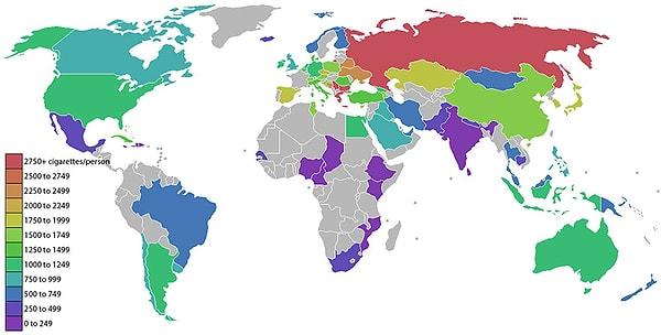 19- Dünya'da Kişi Başına İçilen Sigara Sayısı Haritası