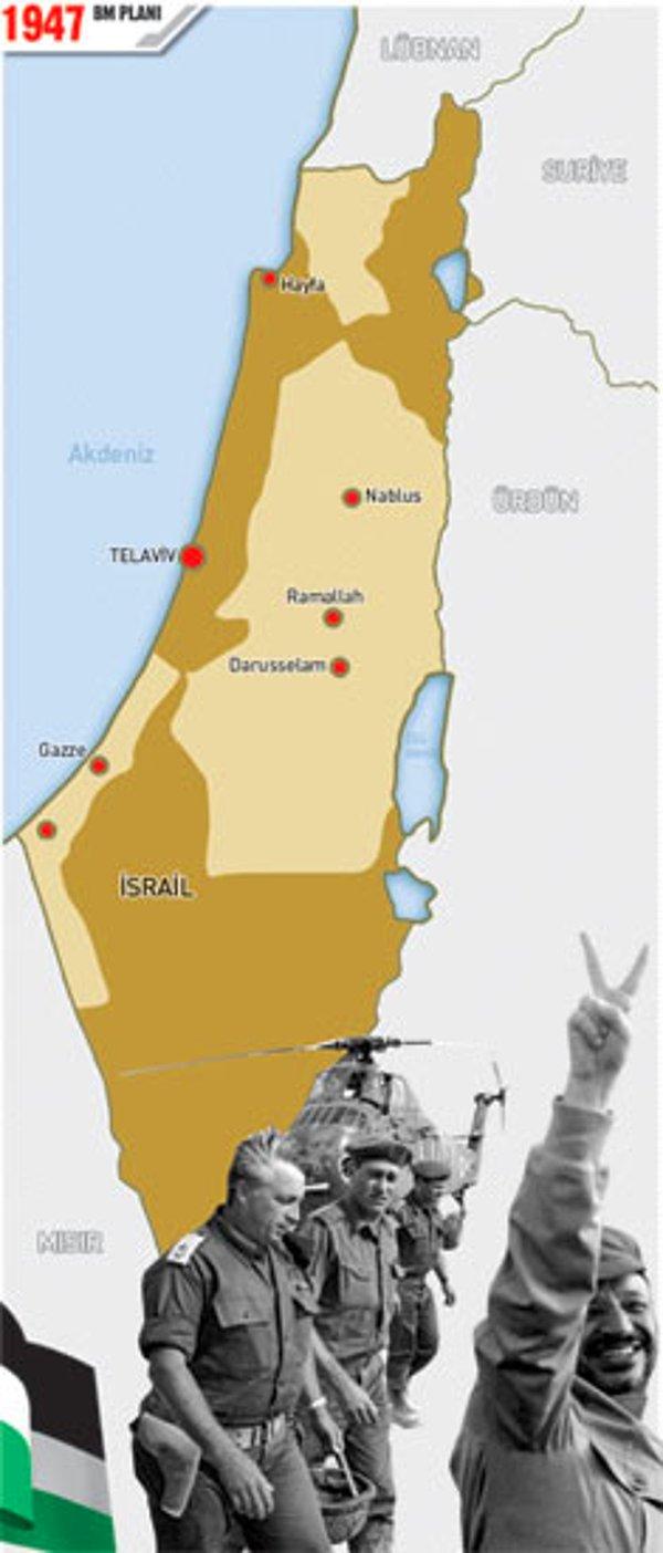 1947de İngiltere, Filistin sorununun çözümünü Birleşmiş Milletler'e devretti. Birleşmiş Milletler Filistin'i iki parçaya bölüp %56.5unu Yahudilere,%43.5'unu Araplara vermeyi teklif etti. Filistin bu fikre sıcak bakmamasına rağmen, 33 ülkenin oyuyla bu plan kabul edildi.