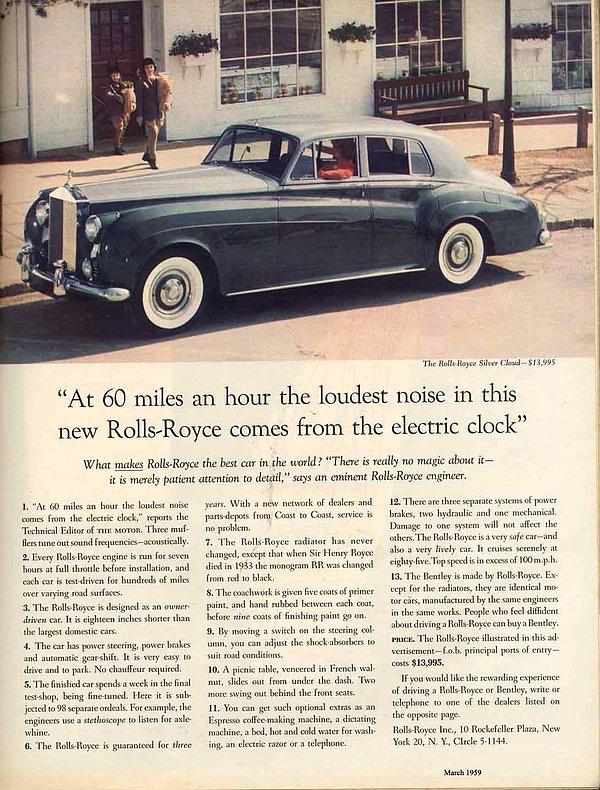 11. 1959 yılında yapılan bir haberdeki ifade: "Bu araçla saatte 60 mil hızla giderken bile duyabileceğiniz en yüksek ses elektirikli saatin tıklamasından gelir"