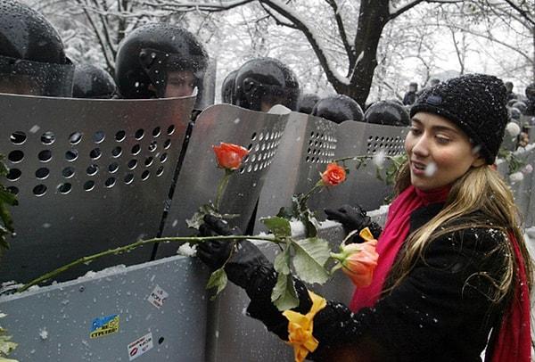 15. Ukrayna'daki Turuncu Devrim sırasında bir kadın, polis kalkanlarına karanfil bırakırken (2004)