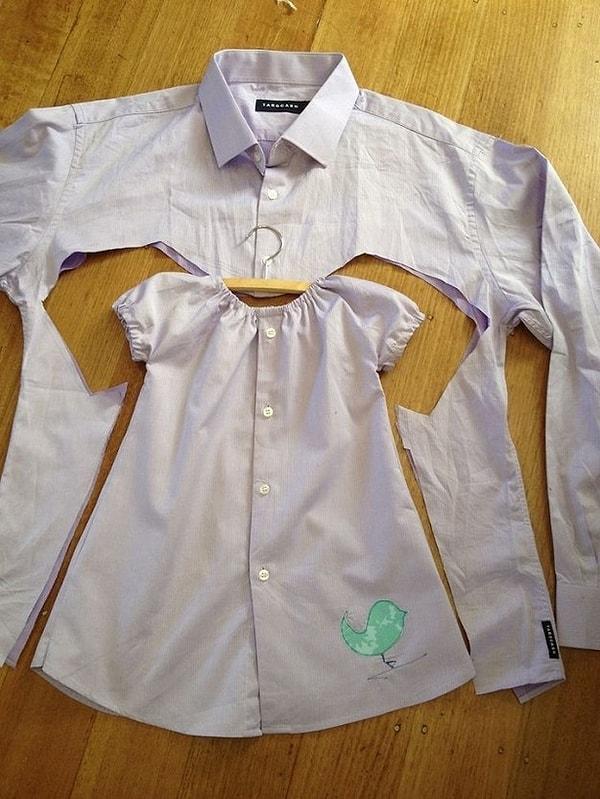 3. Yakaları atmış, kullanmadığınız bir gömlekten bebeğinize tatlı elbiseler çıkarabilirsiniz.