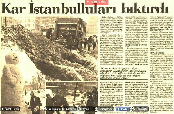 4. 1987'nin Mart ayında İstanbul'da yaşanan şiddetli kar yağışı nedeniyle hayat resmen durma noktasına gelmiş.