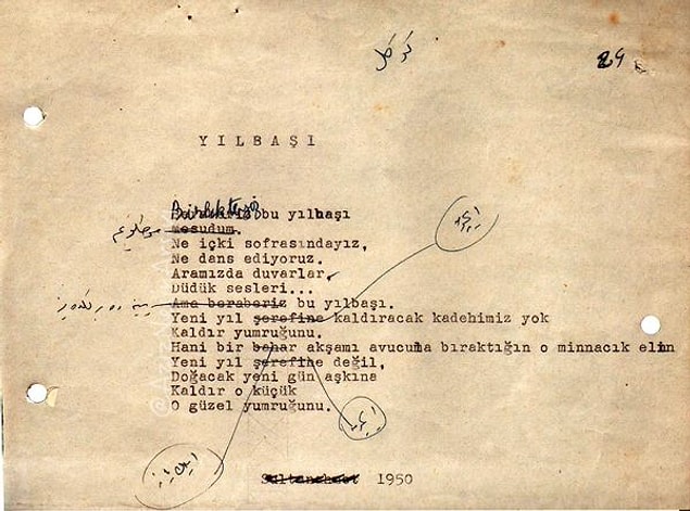 5. 1950'de yazdığı Yılbaşı şiiri. Sultanahmet Cezaevinde geçirilen bir yılbaşının anısı...