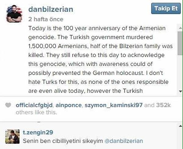 Bonus: Bilzerian'ın 1915 Olayları ile ilgili paylaşımının altında tanıdık bir sima: Beşiktaş'ın kalecisi Tolga... 🙊