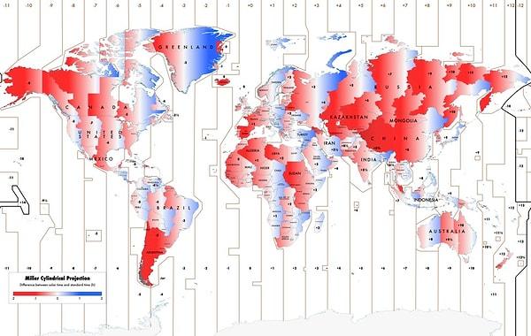 5. Dünyada resmi zaman dilimleri ve güneş saatinin farklılıklarını gösteren bir harita