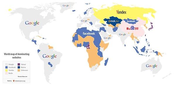 17. Ülkelerdeki en popüler internet sitesini gösteren bir harita