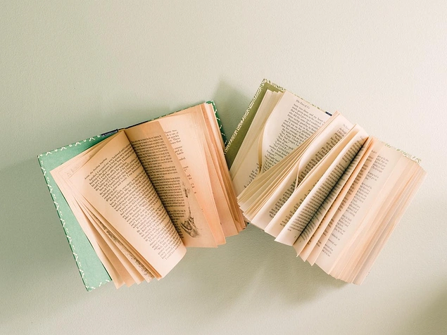 Duvara kitap yapıştırmak, hem de sayfaları açık.