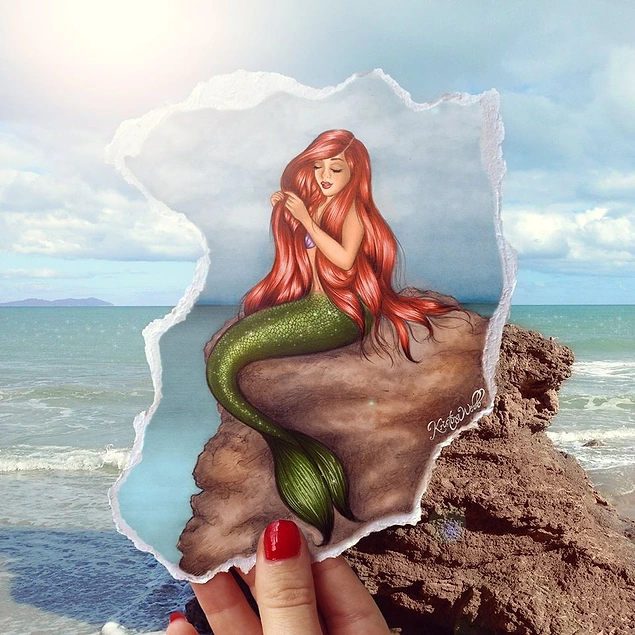 İnsanlar bunu önceden çekilmiş fotoğraflarla yapıyordu, Kristina Webb kendi çizdiği resimle yapmış. Çok güzel. 