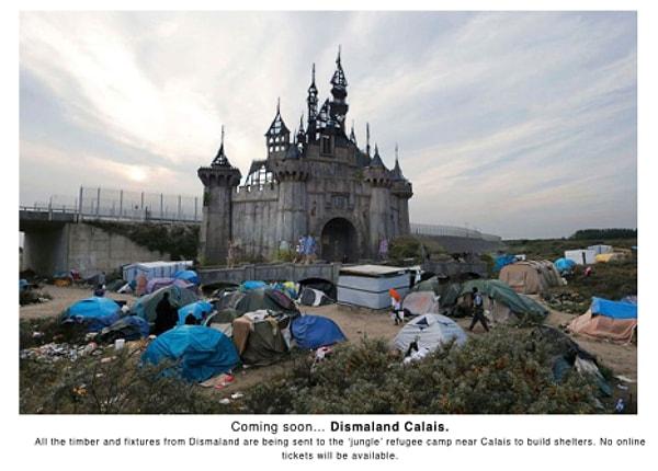 Dismaland'in resmi internet sitesinden yaptığı duyuru ile parkın artık Dismaland Calais olarak mültecilerin olacağını açıkladı.