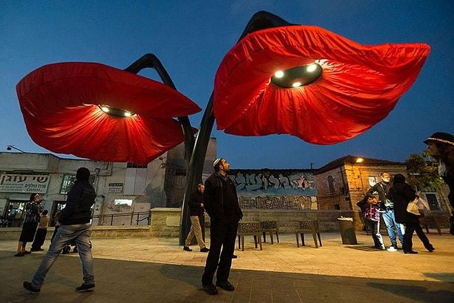 İnsanlar Altında Durduğu Zaman Açan Kudüs'ün Kırmızı Çiçek Lambaları