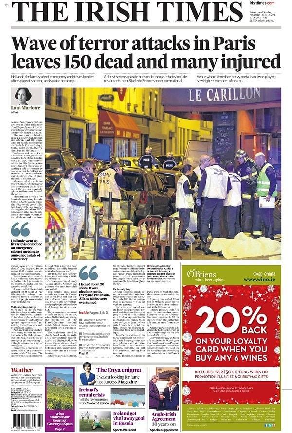 8. The Irish Times (İrlanda): Paris'teki Terör Dalgası 150 Can Aldı, Bir Çok İnsan da Yaralandı
