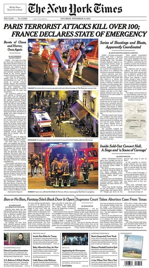 10. The New York Times (ABD): Paris'teki Terör Saldırıları 100'den Fazla Can Aldı, Ülkede Olağanüstü Hal İlan Edildi