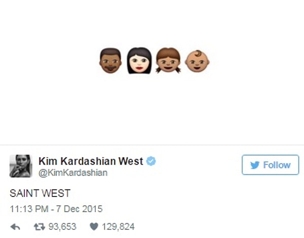 Итак, имя новоиспеченной звезды – «Святой». Довольно-таки необычное имя… Кардашьян также написала твит, состоящий из одних эмодзи, изображающих счастливую семью, Канье, сама Ким, Норт и малыш Сейнт.