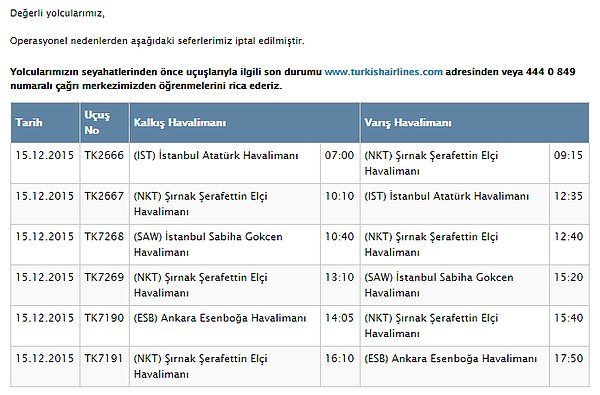 Türk Hava Yollarının yaptığı duyuru şöyle: