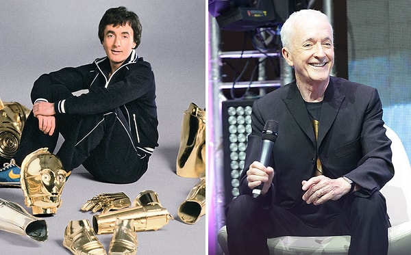 Энтони Дэниелс в роли C-3PO, 1977 и 2015 гг.