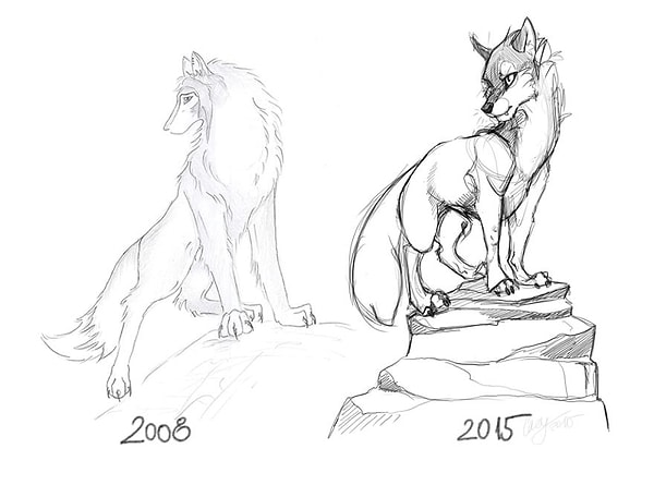 16. 2008 год, потраченное время на рисунок- три часа / 2015 год - 15 минут