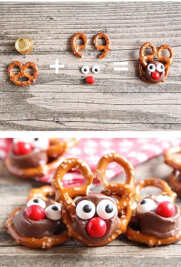 2. Minik Rudolph'ları kıvrık çubuk krakerlerden de yapabilirsiniz!