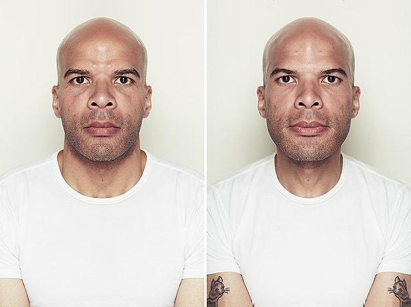 8. Kısaca, fotoğrafını çektiği insanların yüzlerinin önce sol yarısını, sonra sağ yarısını ayna efekti kullanarak "kusursuz simetrik" yüzler oluşturmuş.