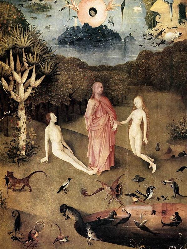 5. Cennet panelinde, uzanmakta olan Adem'in Havva ile tanıştırılması kompozisyonu ön plana çıkar. Bu bir anlamda ilişkinin kutsandığı anlamını taşımaktadır. Hemen arka plandaki ejderha ağacı da sonsuzluğu simgeler.