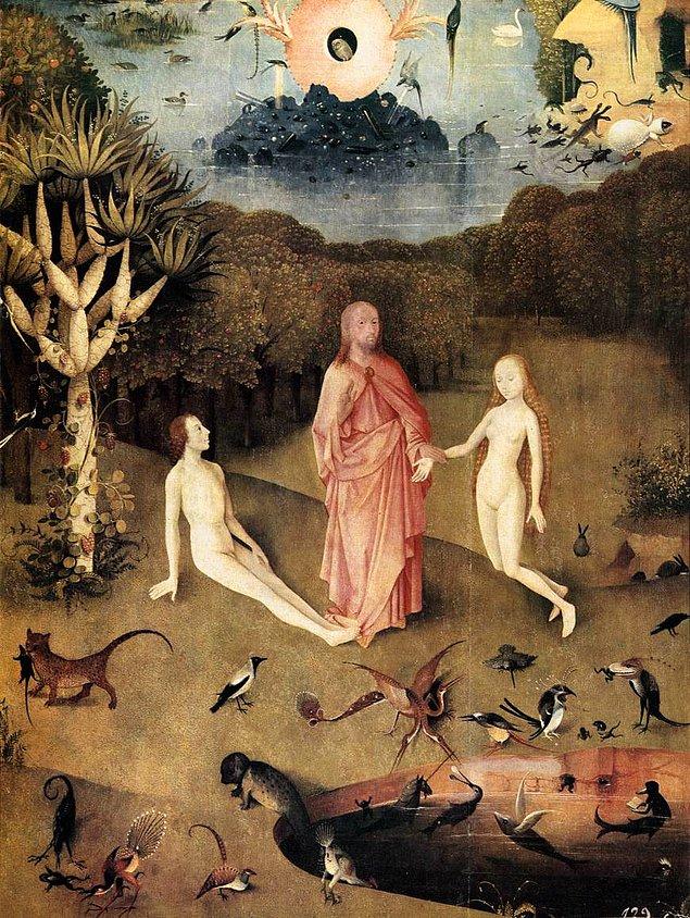 5. Cennet panelinde, uzanmakta olan Adem'in Havva ile tanıştırılması kompozisyonu ön plana çıkar. Bu bir anlamda ilişkinin kutsandığı anlamını taşımaktadır. Hemen arka plandaki ejderha ağacı da sonsuzluğu simgeler.