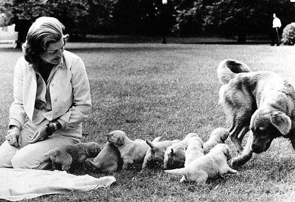 5. 38. Başkan Gerald Ford'un eşi Betty Ford, "Liberty" isimli köpeği ve onun yavrularıyla birlikte. (1975)