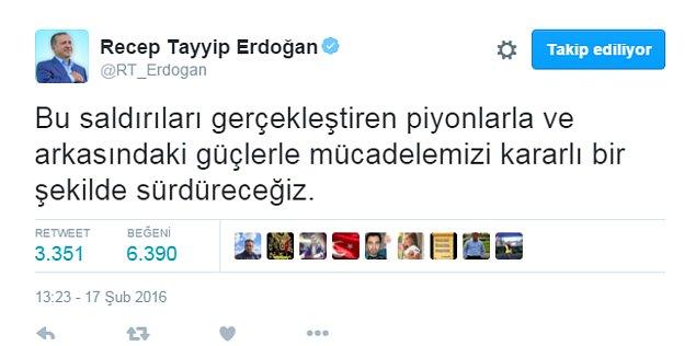 21. Cumhurbaşkanı Recep Tayyip Erdoğan saldırıyı gerçekleştiren piyon, o piyonların arkasında da bazı güçler var dedi.
