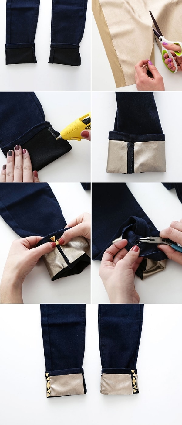 4. Хотите нечто более оригинальное? Воспользуйтесь специальным клеем и прикрепите к штанинам изящную блестящую ткань.