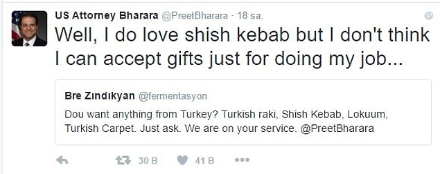 Savcı Bharara da kendisine "Şiş kebabı seviyorum ama işimi yaptığım için hediye kabul edemem" şeklinde sevimli ve net bir cevap vermişti.