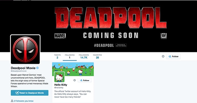 10. Ağır çekimdeki araba sahnesinde Hello Kitty ürünlerini görmüştük. Deadpool daha vizyona girmeden takip ettiği tek hesapla mesajı vermişti.