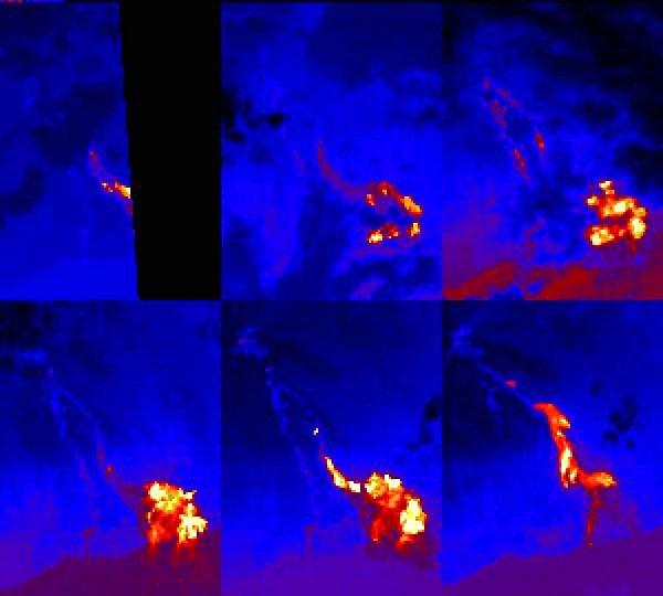 9. Hawaii'den çekilmiş bu altı tane kızılötesi görüntüsü ise 2000-01 yılları arasında volkanlardan akan lavların suya karışmasını gösteriyor.