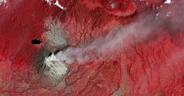 15. Endonezya'daki Sinabung Dağı'nın 2014 yılında patlaması sonrası çekilen kızılötesi fotoğrafta bitki örtüsü kırmızı ve kül bulutu ise gri görülmektedir.