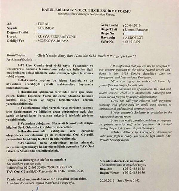 Tural Kerimov'a tebliğ edilen belge
