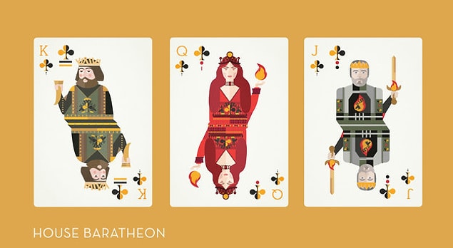 Baratheon'lar da sinek olarak tasarlanmış. Papaz Robert, kız Melisandre, vale Stannis.