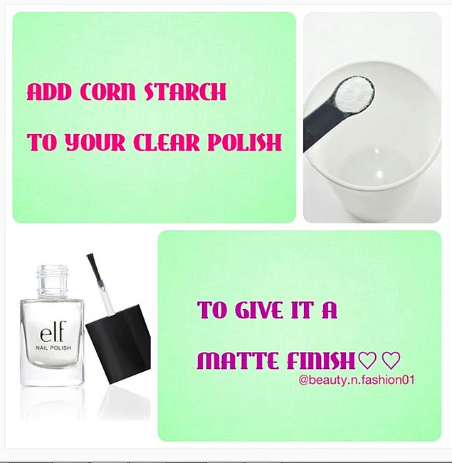 You want a matte finish for your top coat? Add some corn starch in your nail polish.