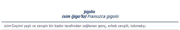 13. Jigolo: Geçimini yaşlı ve zengin kadından sağlayan genç, erkek sevgili, tokmakçı.
