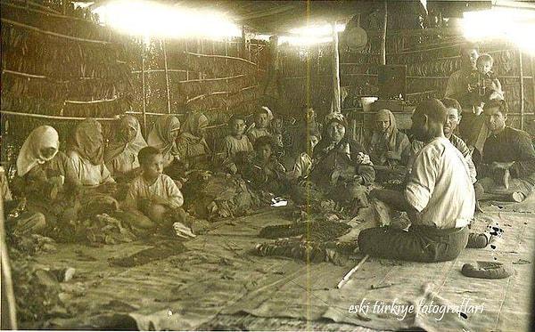 45. MANİSA - Soma'da tarladan getirdikleri tütünleri iplere dizen kişiler, 1960'lar
