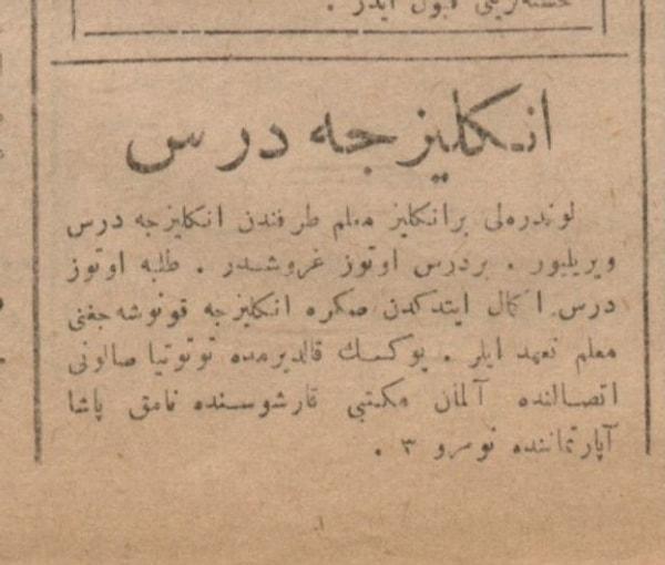 5. İngilizce Dersi İlanı-Tercüman-ı Hakikat Gazetesi, 1919