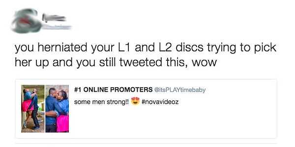 "Он поднимает её, при этом нанося вред своей пояснице, и еще и пишет об этом в Твиттере... Это поразительно!"