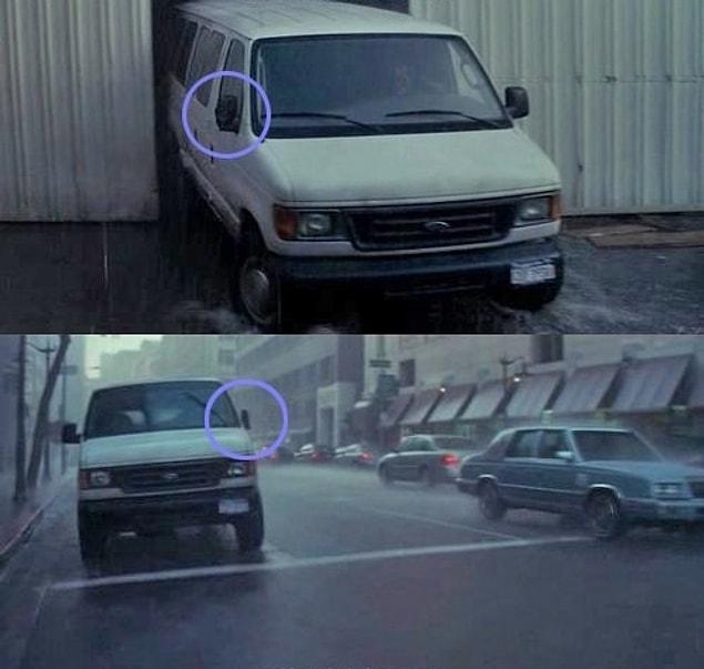 9. Inception: Right rear mirror is closed. Left is open. Next shot, it's the opposite.