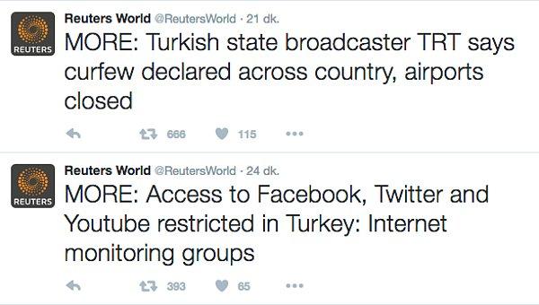 5. Reuters, Türkiye'de sokağa çıkma yasağının başladığını duyurdu.