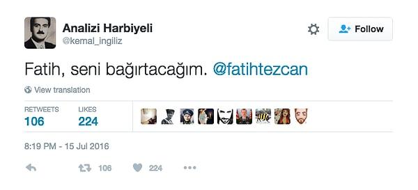 Aynı ismin gazeteci Fatih Tezcan'a attığı tweet de ilginç.