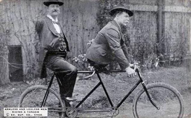 9. Armless Charles B. and legless Eli Bowen riding a bicycle together. (1890s)